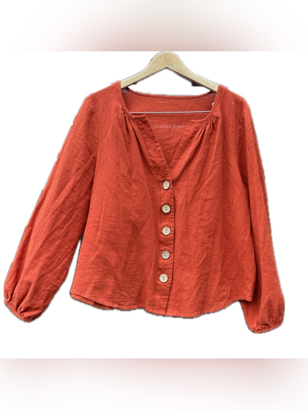 Womens Button-Front Textured Blouse - Rust Orange XXL 100% Linen Fall Festive
